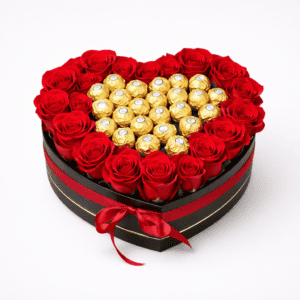 Heart-shaped box of red roses and Ferrero chocolates for special occasions.