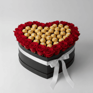 Shaped box filled with red roses and Ferrero chocolates, perfect for romantic gifts.