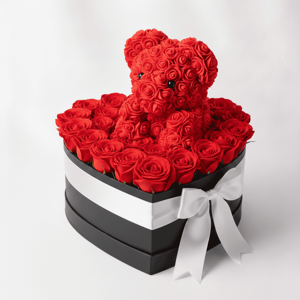 Beautiful red rose teddy bear in a heart-shaped gift box with roses, perfect for romantic occasions.