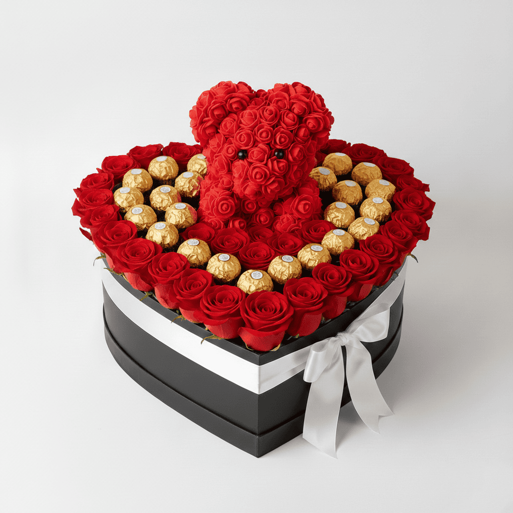 Heart-shaped box of red roses with teddy bear and Ferrero chocolates for special occasions.