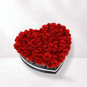 Heart-shaped box of vibrant red roses for love and romance.