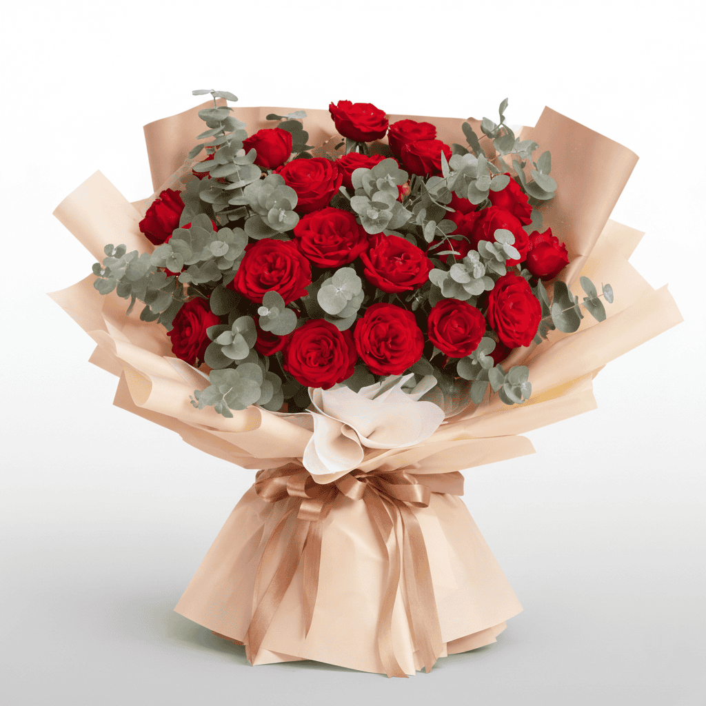 Beautiful bouquet of 20 red roses with eucalyptus, perfect for romantic gifts or celebrations.