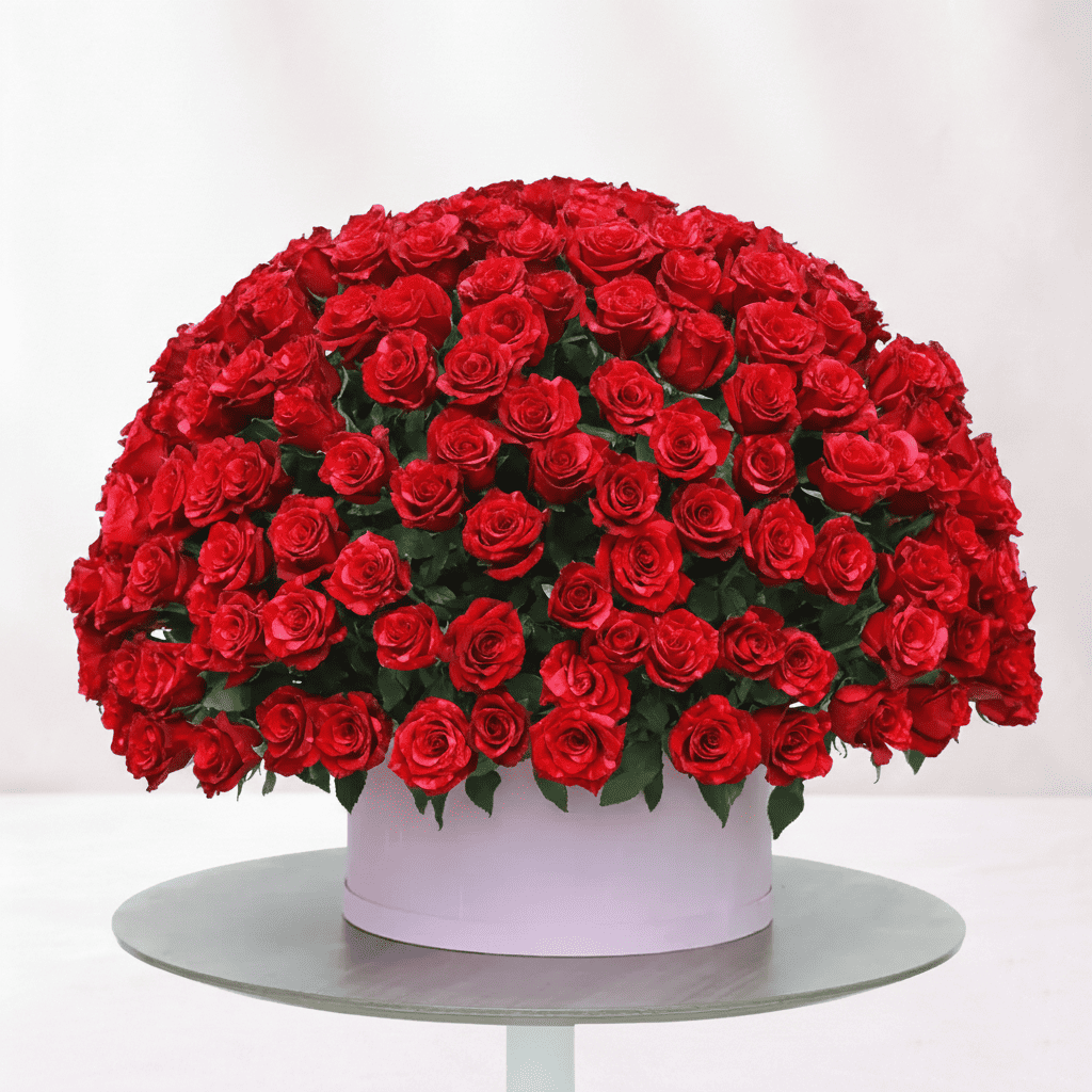 Elegant bouquet of red roses in a luxurious white box for special occasions.
