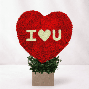 Shaped floral display with red and white roses spelling "I ♥ U" for romantic occasions.