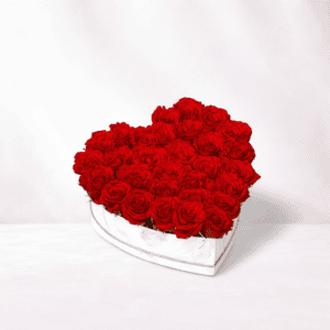 Beautiful red roses arranged in a heart-shaped box for romantic occasions.