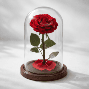 Preserved red rose under glass dome, symbolizing everlasting love.