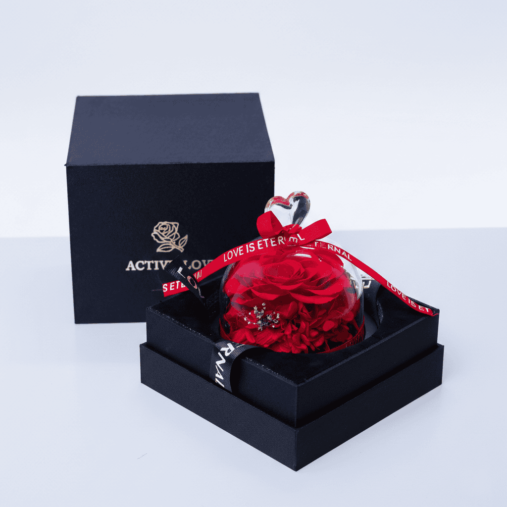 Elegant preserved red rose in a black gift box with a silver heart-shaped lock. Perfect for romantic.