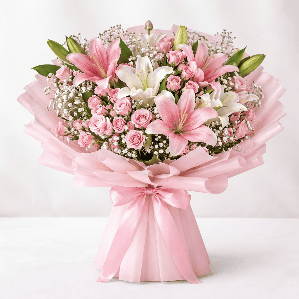 Elegant bouquet of pink lilies and baby roses with baby's breath, perfect for special occasions.