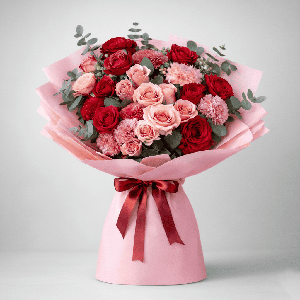 Beautiful mixed flower bouquet with roses and carnations in pink and red shades.