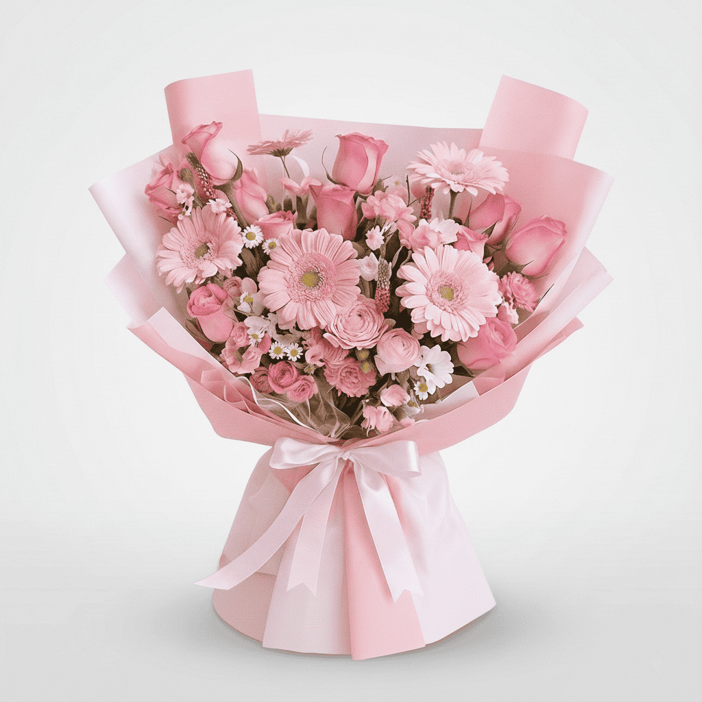 Beautiful pink gerbera daisies and roses in a delicate bouquet.