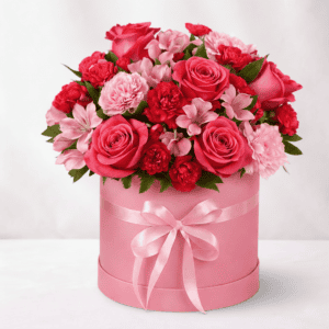Pink flower box with roses and carnations, perfect for gifting.