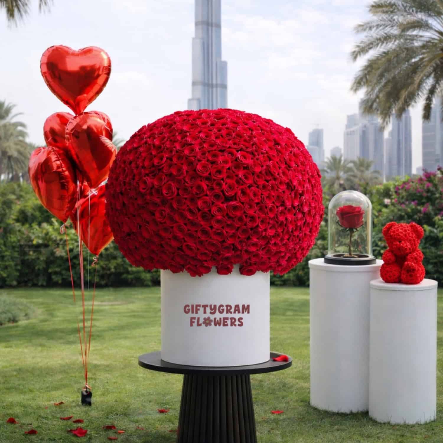 Package of XXXL Red Roses Box + Infinity rose + Teddy Bear + balloons