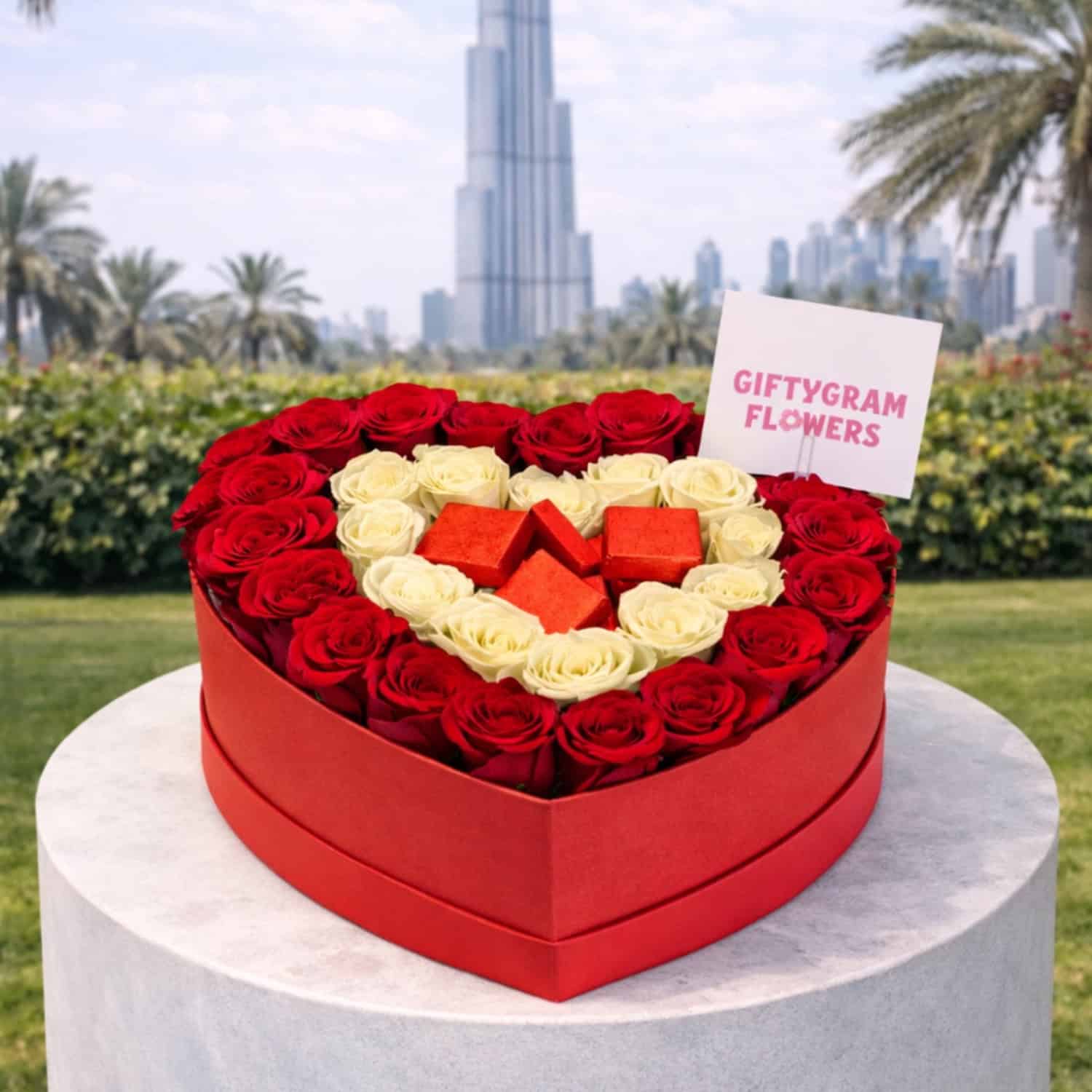 Red & White Roses + Chocolate Heart Box