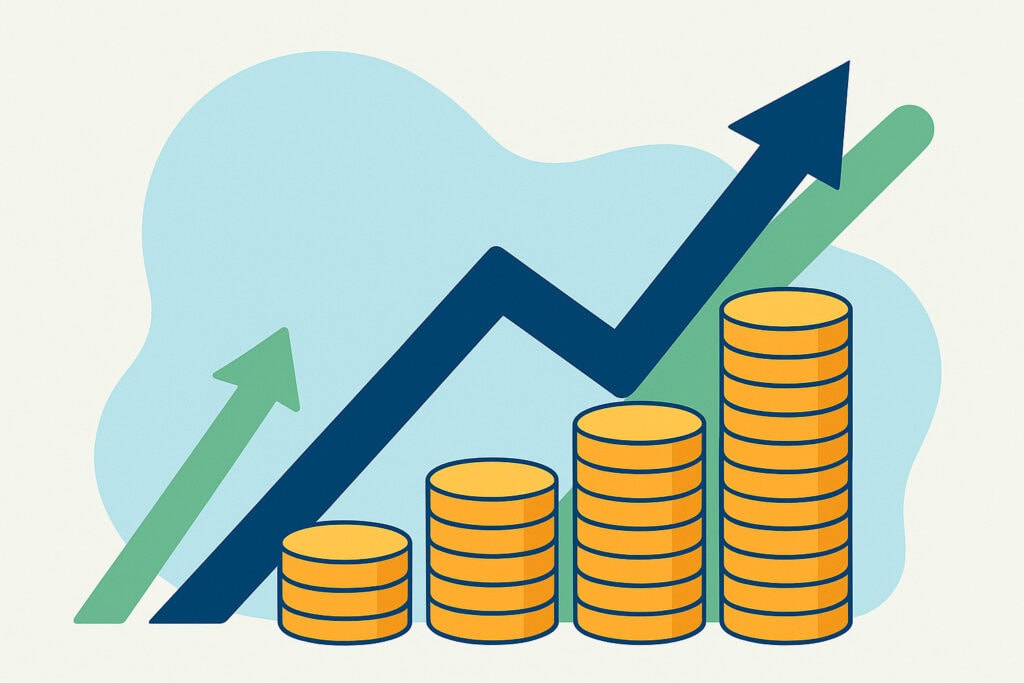 La imagen de arriba muestra pilas de monedas junto a flechas apuntando hacia arriba, simbolizando el potencial de crecimiento compuesto de las cuentas de ahorro de alto rendimiento.