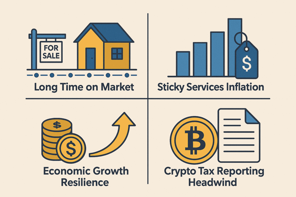 A four-panel illustration. Top left shows a house with a “for sale” sign and a dotted timeline, representing homes taking longer to sell. Top right depicts a bar chart with a price tag, symbolising sticky services inflation amid muted growth. Bottom left features stacked coins and an upward arrow to signify resilient economic growth and GDP upgrades. Bottom right displays a cryptocurrency coin next to a document icon, highlighting upcoming crypto tax-reporting headwinds. The color palette uses blue and gold on a light background.