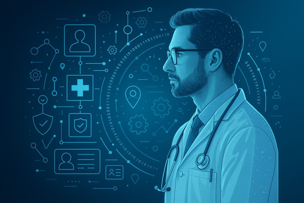 A physician examines a digital panel displaying neural‑network diagrams and brain images, representing AI‑assisted clinical decision support.