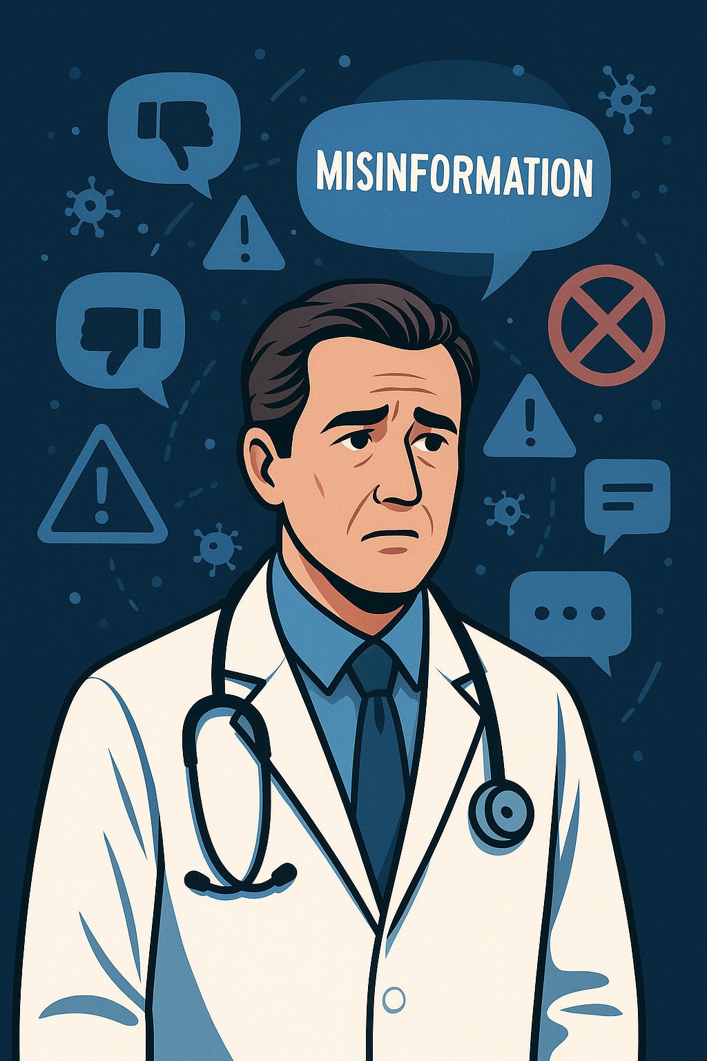 A doctor looks concerned as misinformation warnings and exclamation icons swirl around, representing AI‑driven health misinformation.