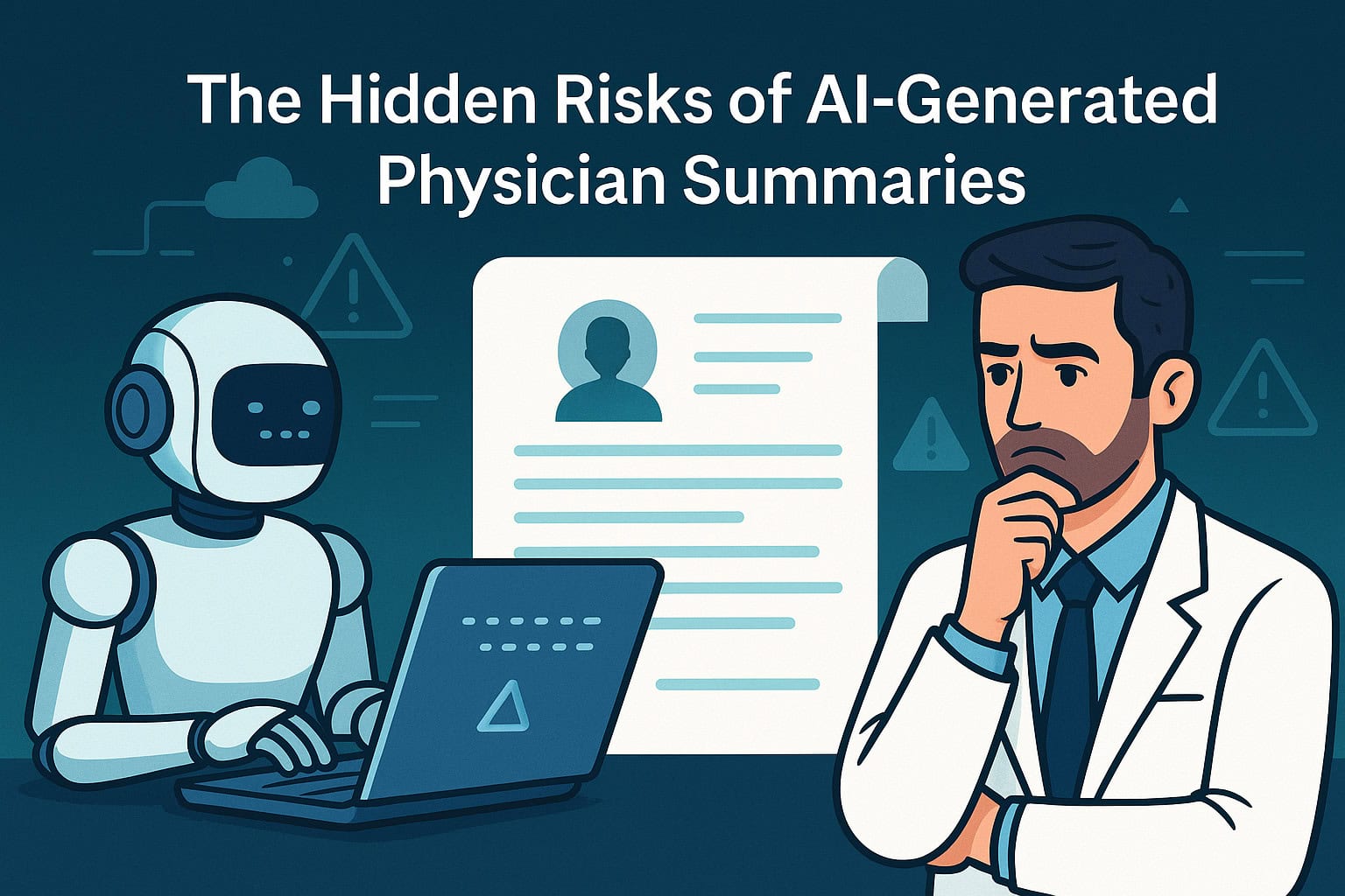 Illustration of an AI robot creating a summary of a physician’s career while the doctor looks worried, symbolizing risks of AI‑generated profiles.