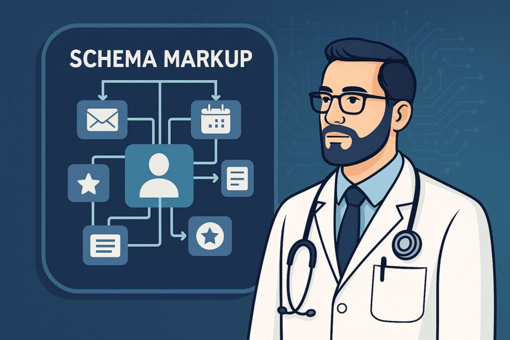 एक मुस्कुराता हुआ चिकित्सक परिवार “सेक्शन 8” लेबल वाले घर के सामने खड़ा है, जो चिकित्सकों के लिए स्थिर किराया आय का प्रतीक है।.