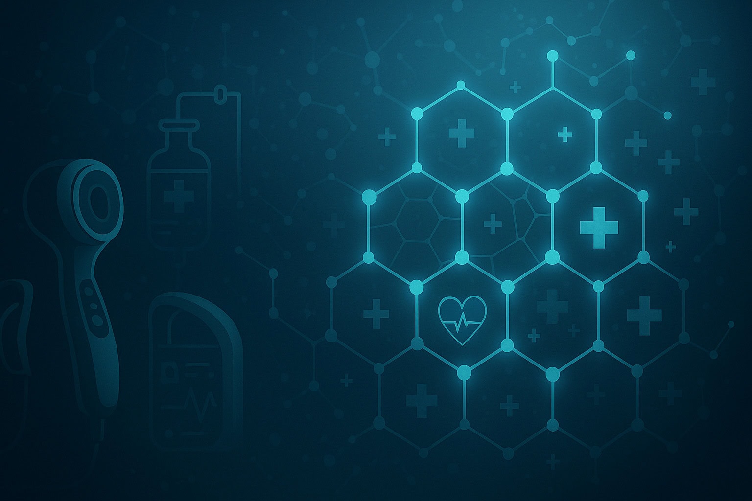Dark teal illustration of a graphene lattice merging with heart, stethoscope and cross icons to represent materials science meeting medicine.