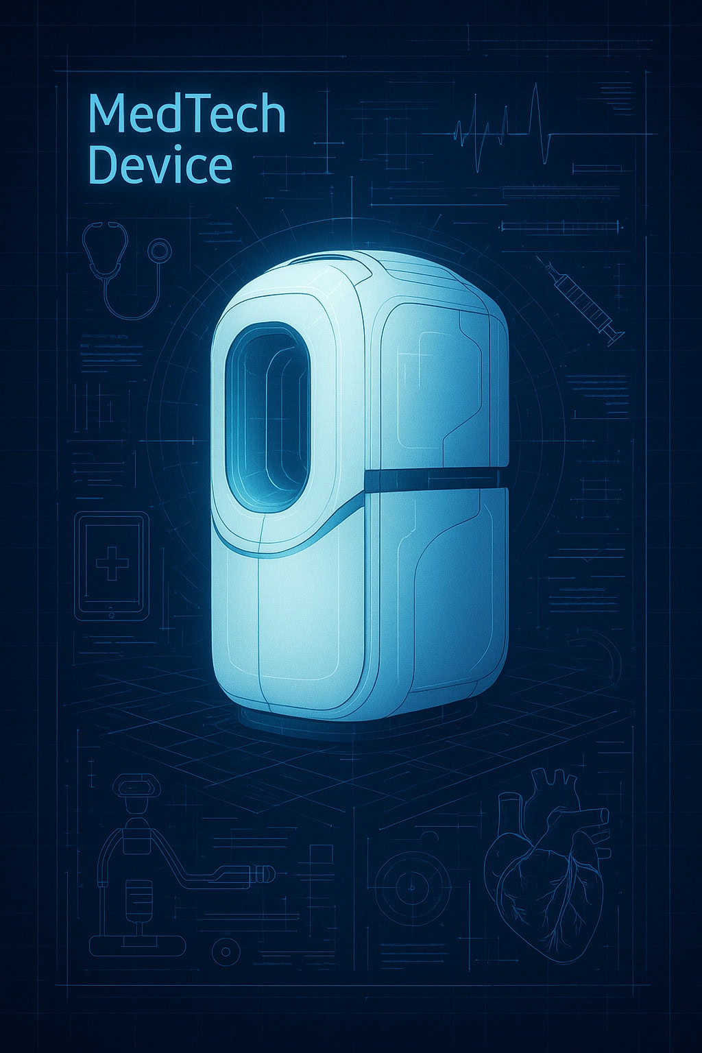 Concept art showing a futuristic medical device designed like a blueprint, representing the med‑tech design process.