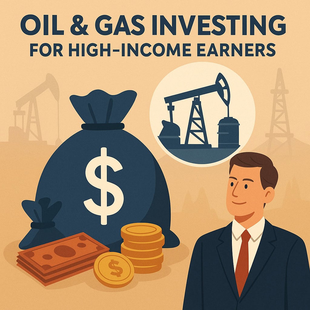 A silhouette of an oil pump jack at sunset represents oil & gas investing for physicians.