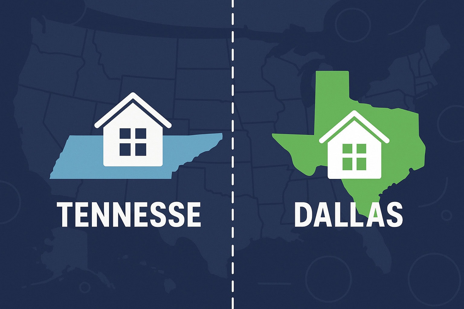 A map of the United States highlighting Tennessee and Dallas with house icons, illustrating out‑of‑state real estate investments.