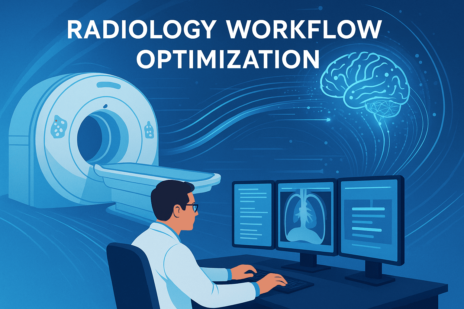 Horizontal timeline infographic illustrating the journey from image acquisition to final report delivery with AI assistance: icons representing a CT/MRI scanner for image acquisition, a brain with circuitry for AI triage, a radiologist at a workstation for radiologist review, and a final report document.
