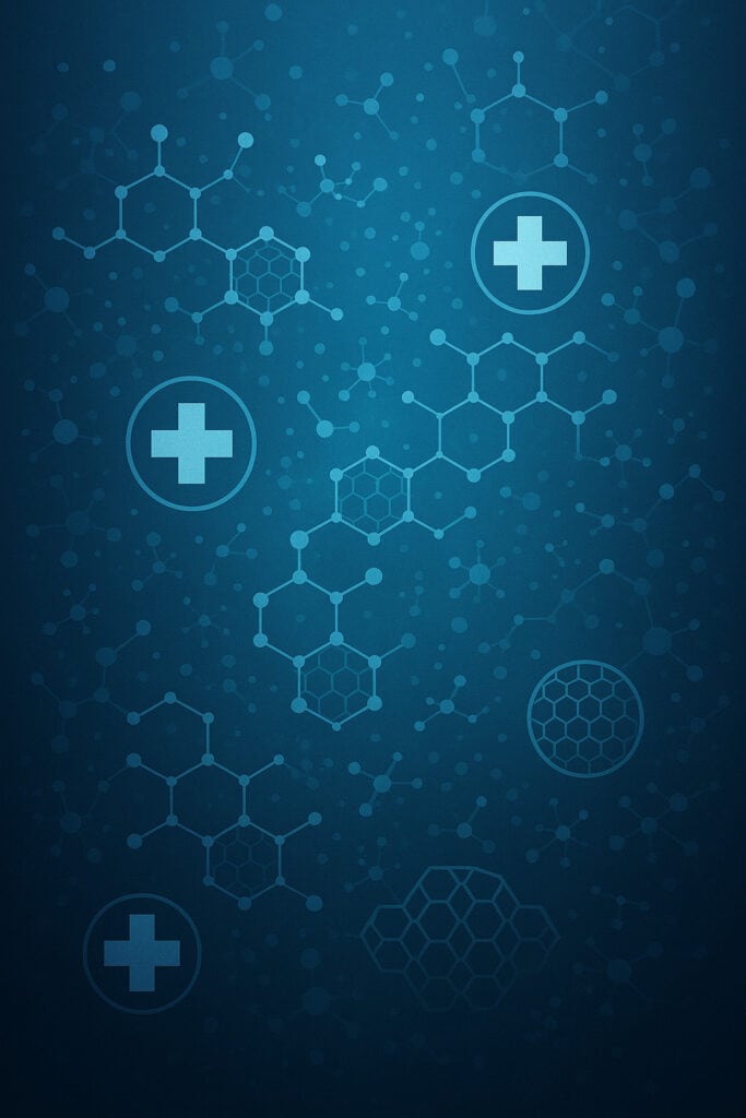 Ein Arzt in einem weißen Kittel sieht besorgt aus, während Social-Media-, Sperr- und Profil-Symbole um ihn herumwirbeln und den Verlust der Kontrolle über die Online-Identität veranschaulichen.