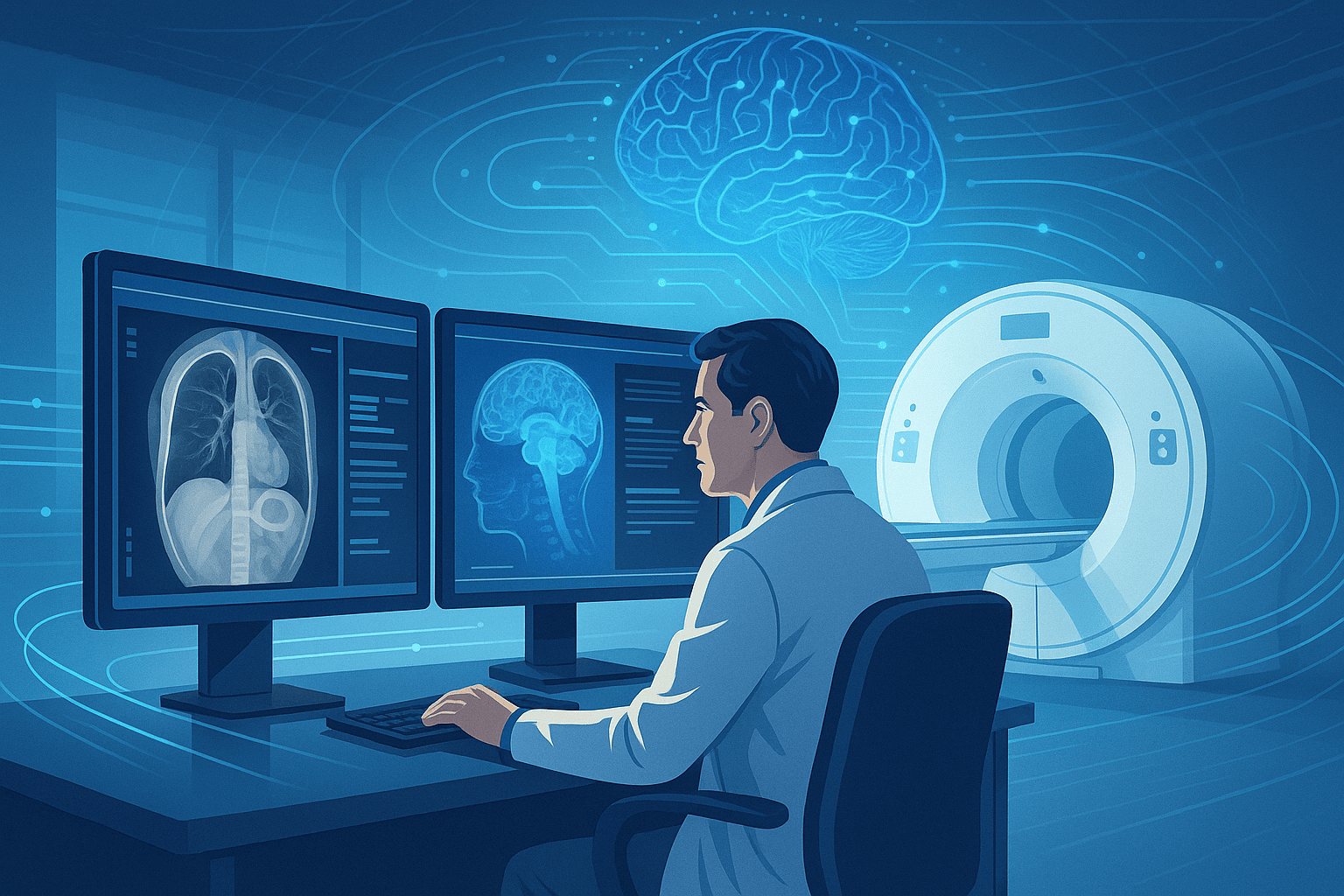 Radiologist at workstation with AI data flow and CT scanner