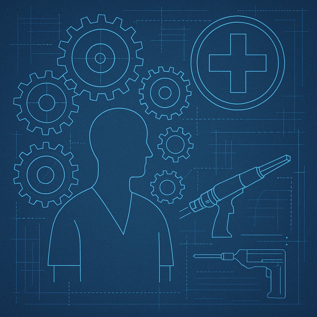 A digital shield formed from code brackets surrounds a doctor’s icon, symbolizing how schema markup protects online identity.