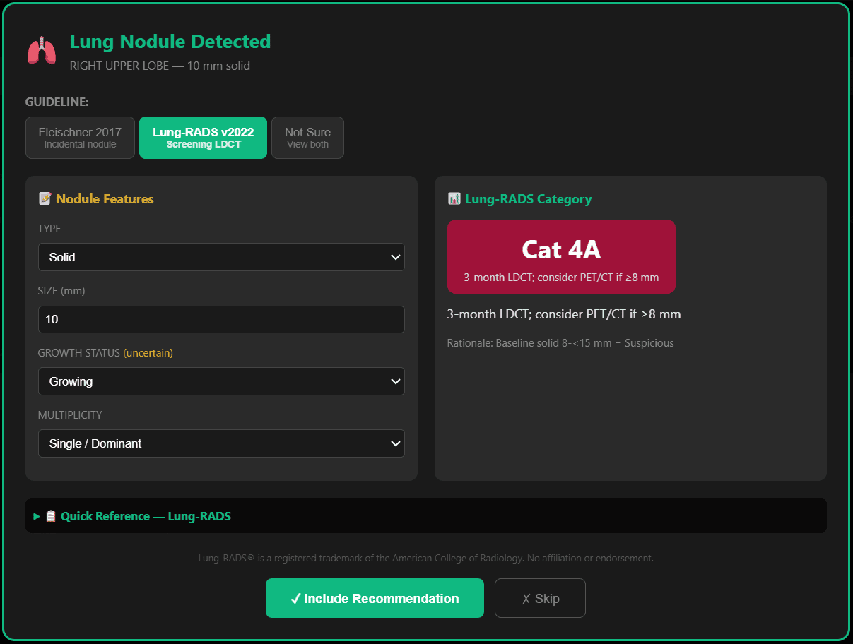 חלון קופץ של סיווג Lung-RADS ב-GigHz Precision AI
