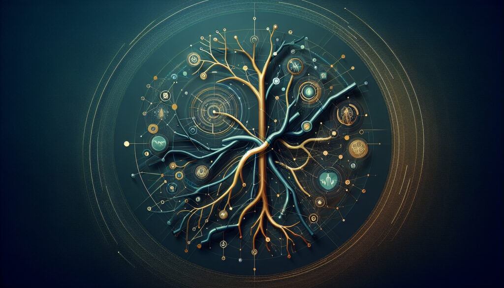 KI-generiertes neuronales Netz mit miteinander verbundenen Knoten und digitaler Datenvisualisierung.