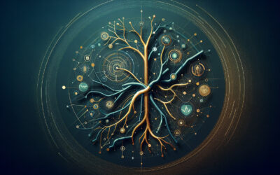 רשת עצבית שנוצרה באמצעות בינה מלאכותית, הכוללת צמתים מקושרים והדמיה של נתונים דיגיטליים.