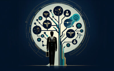 AI-driven healthcare and medical innovation concept with a doctor and interconnected medical icons.