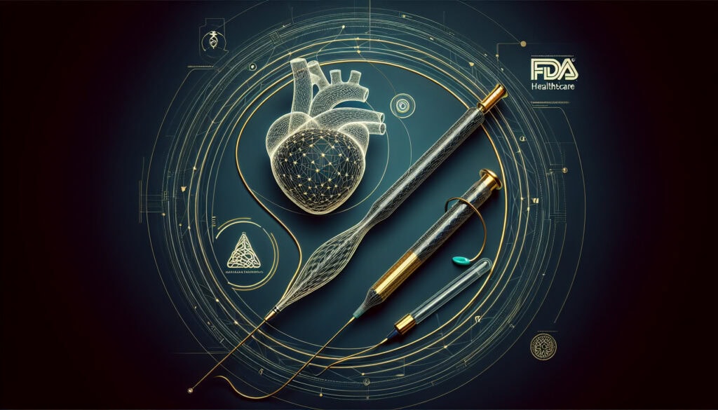 Heart surgery tools with digital medical interface, healthcare technology, and FDA approval symbols.