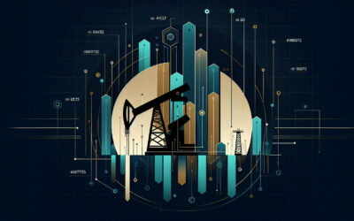 Oil drilling rig and digital data visualization representing energy industry and technological innov.