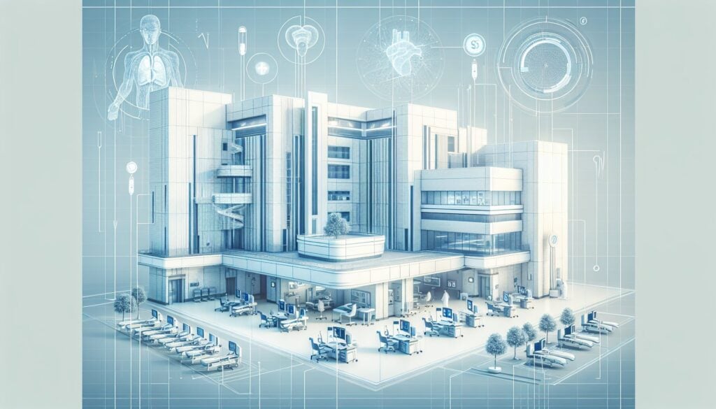 Advanced hospital building with medical technology and healthcare icons, modern medical center for p.