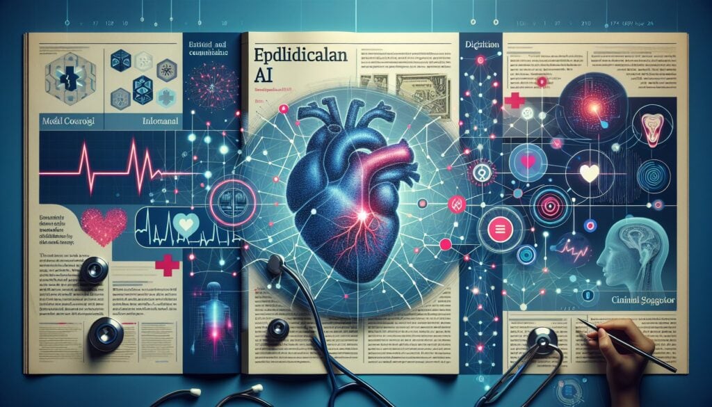 Heart illustration with medical and technological elements, emphasizing AI in cardiology.