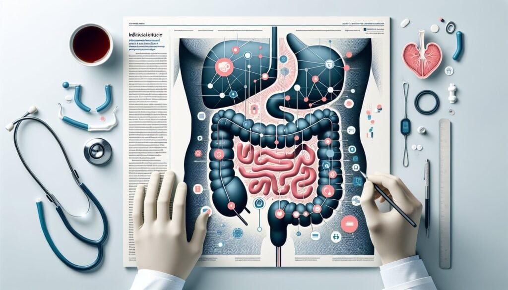 Colorectal and digestive system medical illustration with stethoscope and medical tools.