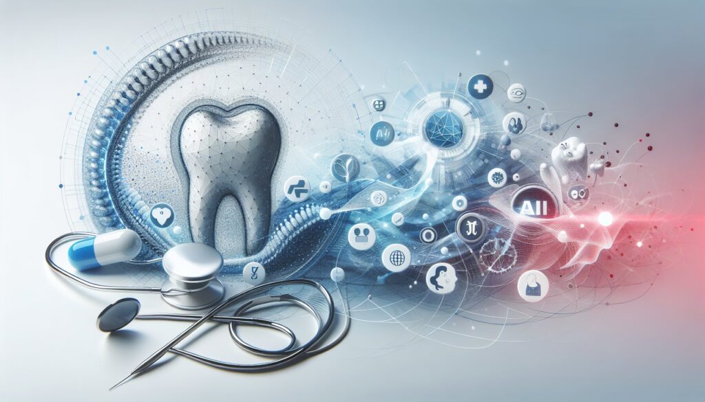Tooth with digital health icons and stethoscope representing dental technology and healthcare innova.