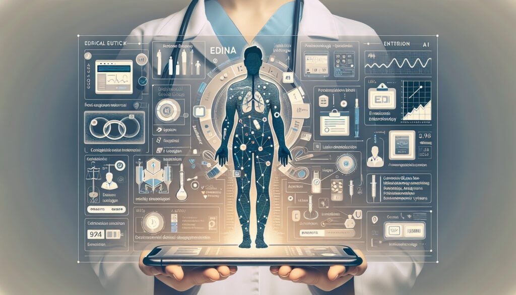 AI-powered healthcare technology interface displaying human body data and medical analytics on a dig.