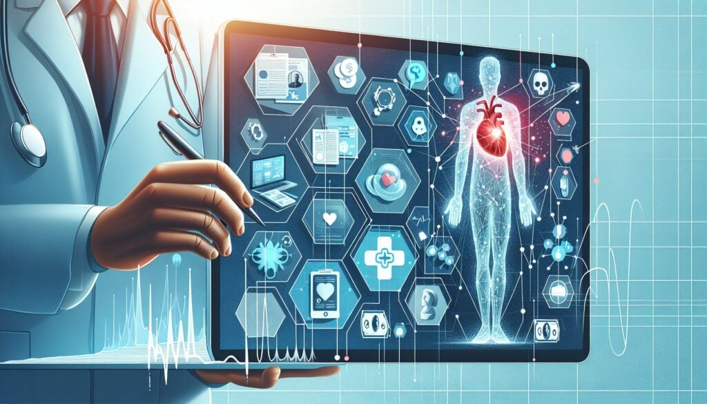 Advanced digital health technology analyzing human heart and body health data on a futuristic tablet.