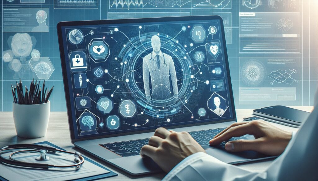 AI healthcare technology interface on a laptop screen, showcasing digital health icons and data visu.