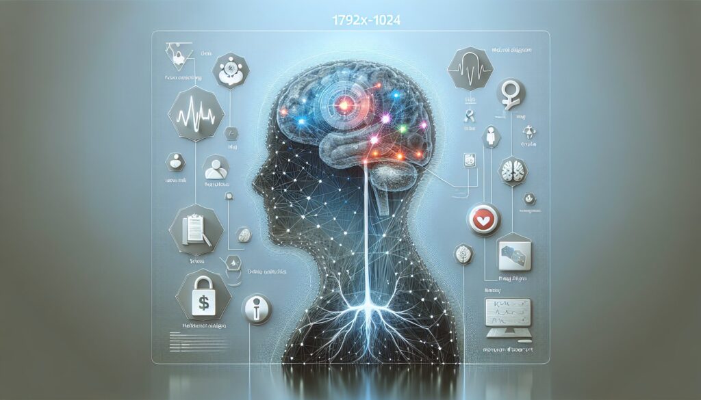 AI brain with digital connections and health icons representing technology and mental health integra.