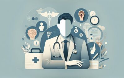 A healthcare professional with medical icons representing health, technology, and patient care.