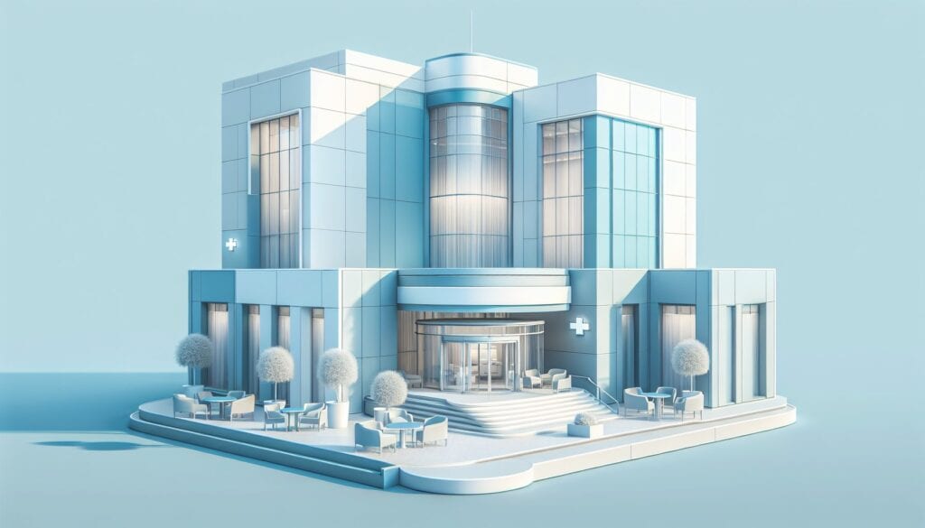 Modern hospital building with glass facade and surrounding trees, representing healthcare and medica.