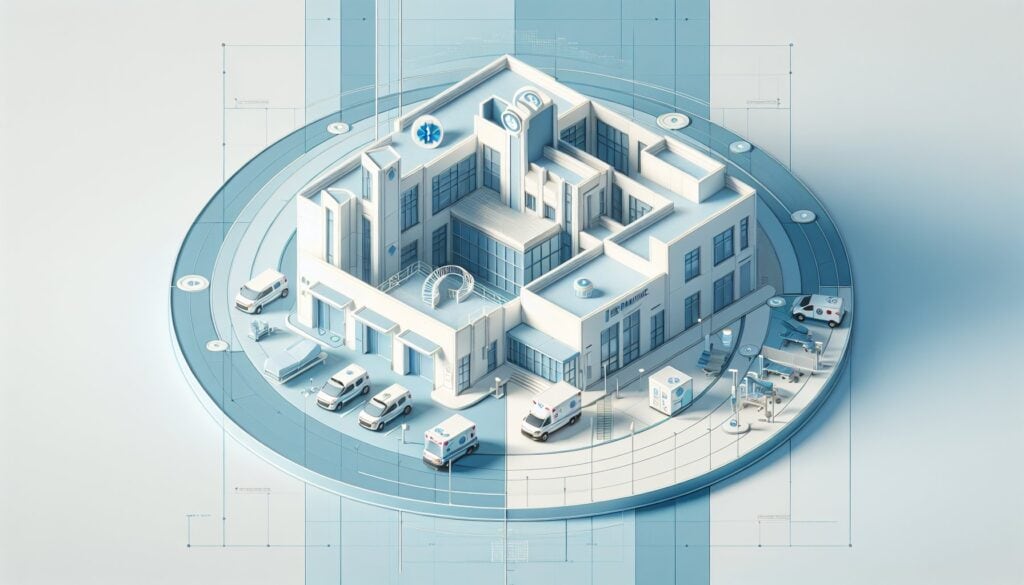 Smart hospital building with advanced medical technology and autonomous vehicles, showcasing innovat.