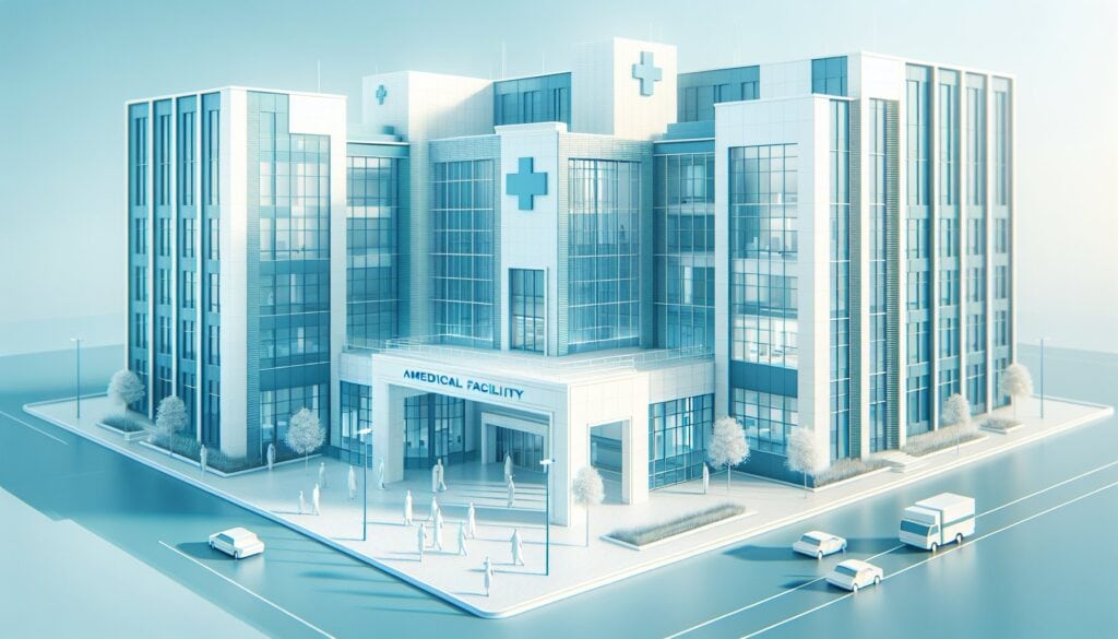 Emergency hospital building with medical cross symbols and modern architecture.