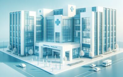 Emergency hospital building with medical cross symbols and modern architecture.